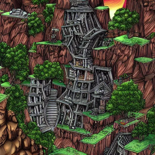 Image similar to fantasy stream punk city built into the side of a large mountain. high quality, detailed digital art