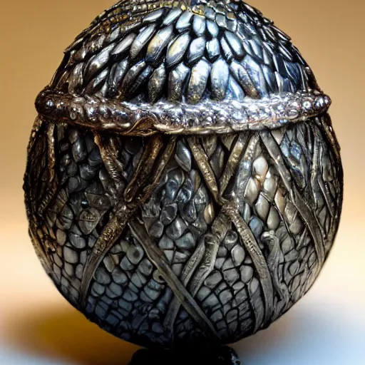 Image similar to daenerys dragon egg inspired, jewel encrusted Fabergé egg and Hans ruedy giger, hyperrealism, detailed, luxury, high definition, ultradetailed,