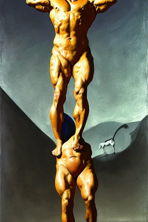 Image similar to bodybuilder in an astronaut helmet lifts a statue of a horse, highly detailed painting by francis bacon, edward hopper, adrian ghenie, gerhard richter, and james jean soft light 4 k,