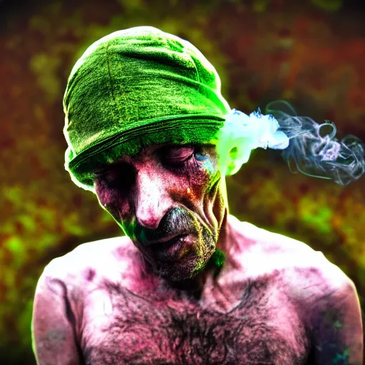 Prompt: man smoking crack, eyes wide open, deep friends image, highly saturated, extreme detail,