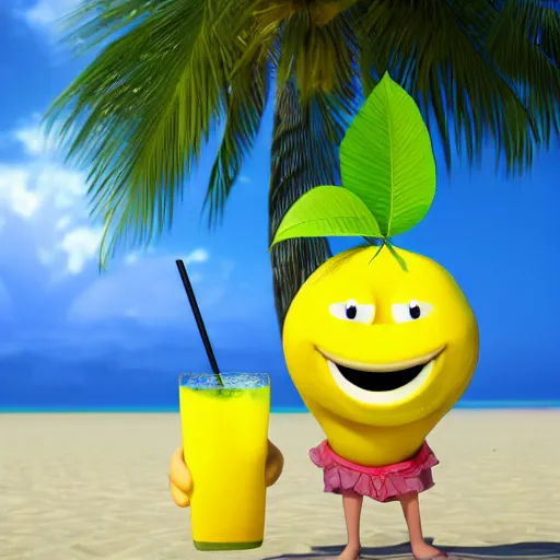 Image similar to a cgi happy smiling lemon character with a leaf on the top and two feet, holding an tropical drink, on the beach, as an octane render