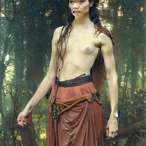 Image similar to a detailed, beautiful portrait oil painting of someone who looks a 1 8 - year old keisha castle hughes and gemma ward, with a hurt expression, wearing intricate, etched copper armor in an ancient forest, by donato giancola, john williams waterhouse, and william adolphe bouguereau