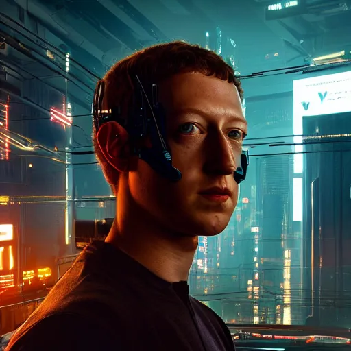 Prompt: looking at camera, ominous portrait of cyborg Mark Zuckerberg as a cyberpunk 2077 loading screen, symmetry, front view, intricate, studio, art by anthony macbain + greg rutkowski + alphonse mucha, concept art, 4k, sharp focus