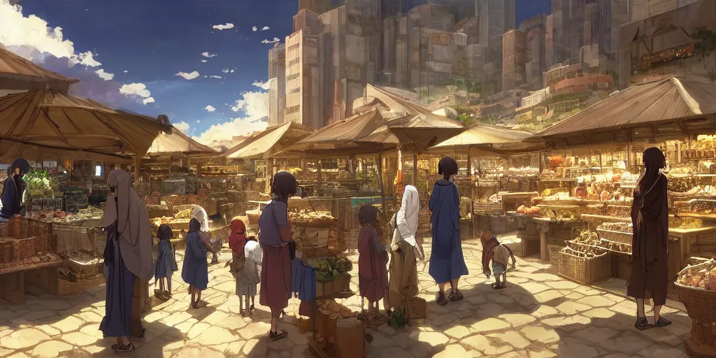 Image similar to biblical marketplace by makoto shinkai