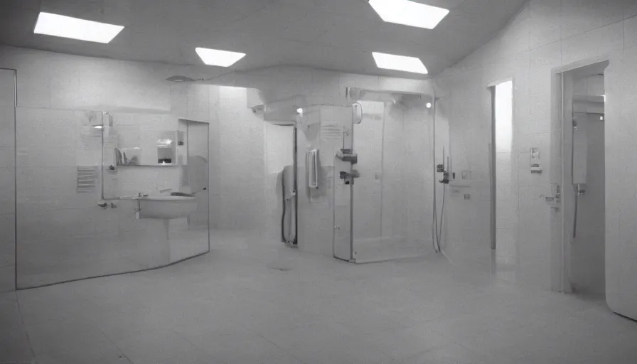 Image similar to 70s movie still of a empty very large bathroom, cinestill 800t Technicolor, heavy grain, high quality, criterion collection, liminal space style