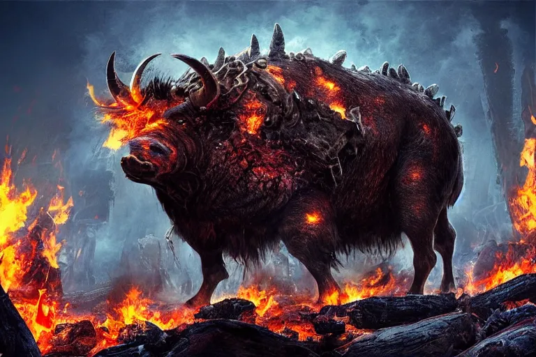 Image similar to immense, colossal demon boar. brutal. with bulging muscles. wearing a silver mesh necklace filled with amber. rampaging across the burning ruins of an ancient city.