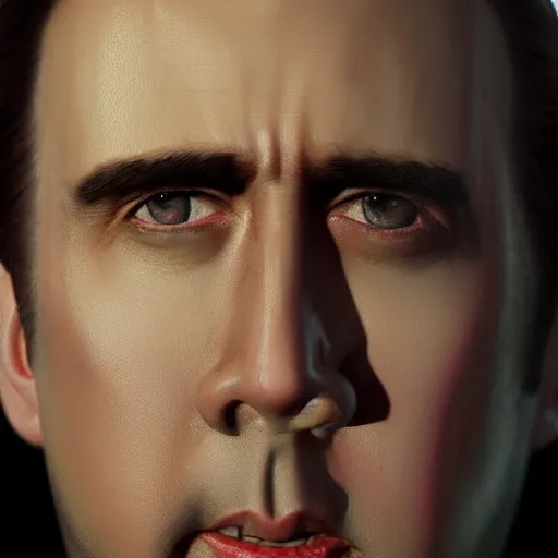 Image similar to nicholas cage, a fine art painting, Patrick Brown, trending on cgsociety, artstation, american realism, 2d game art, photo illustration, daz3d, official art,