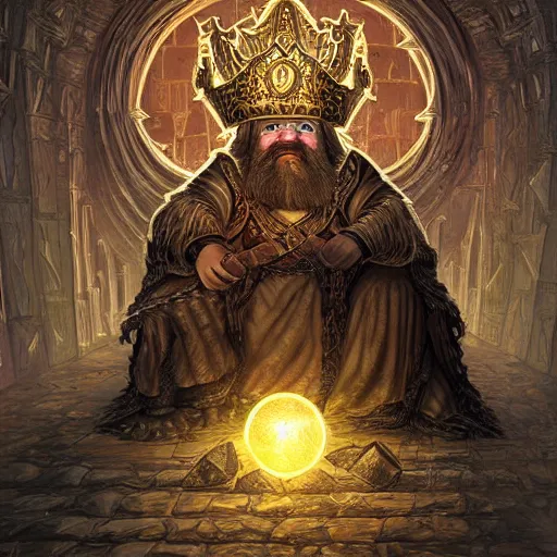 Image similar to a dwarven king he was sitting on a throne in a kingdom, in many - pillared halls of stone, with golden roof and silver floor, and runes of power upon the door, the light of sun and star and moon in shining lamps of crystal hewn, fantasy, intricate detail, advanced digital art