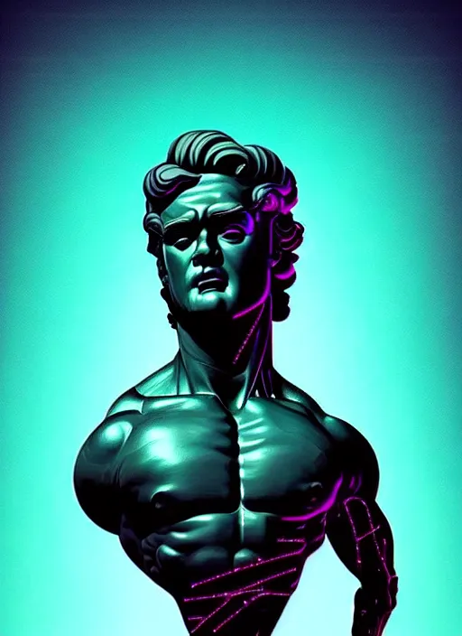 Image similar to statue of hercules, beeple, android jones, ( ( ( ( ( dan mumford ) ) ) ) ), vaporwave, retrowave, black background, neon wiring, black, glitch, strong contrast, cuts, pinterest, trending on artstation