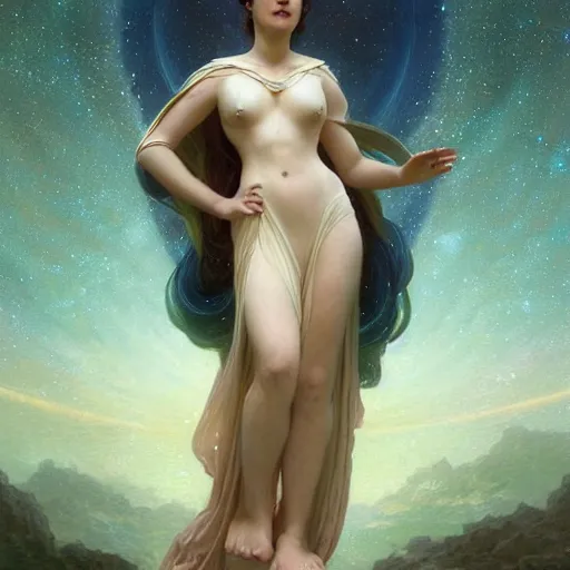 Image similar to galaxy goddess retro fantasy art digital painting, artstation, concept art, soft light, hdri, smooth, sharp focus, illustration, fantasy, intricate, elegant, highly detailed, D&D, matte painting, in the style of Greg Rutkowski and Alphonse Mucha and artemisia, 8k, highly detailed, jurgens, rutkowski, bouguereau, pastoral, rustic, georgic