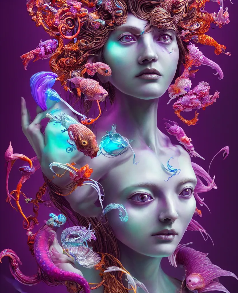 Image similar to goddess full color painted acryllic sculpture close-up portrait. orchid bird phoenix head, nautilus, skull, betta fish, bioluminiscent creatures, intricate artwork by Tooth Wu and wlop and beeple. octane render, trending on artstation, greg rutkowski very coherent symmetrical artwork. cinematic, hyper realism, high detail, octane render, 8k