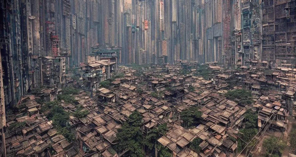 Prompt: Cyberpunk space colony, Kowloon walled city style