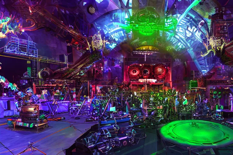 Prompt: an outdoor festival stage with audience, on stage is a rockband with 3 steampunk robots with guitars and drums, center of the stage is a big futuristic steampunk generator with gears and belts and tubes, laser show, 8 k, fluorescent colors, halluzinogenic, multicolored, exaggerated detailed, unreal engine