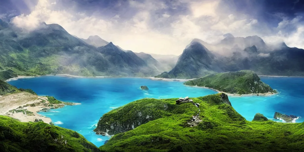 Prompt: concept art, beautiful nature, high mountains higher than clouds with green trees on top, a small wooden bridge connecting two mountains, ocean beneath the mountains with clear blue water, whales showing from the waves, cinematic, 8k, highly detailed