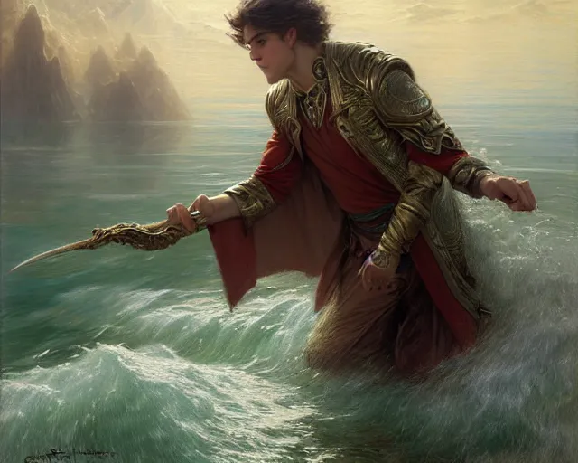 Image similar to attractive male wizard casting powerful tsunami wave spell in a beautiful lake. highly detailed painting by gaston bussiere, craig mullins, j. c. leyendecker 8 k