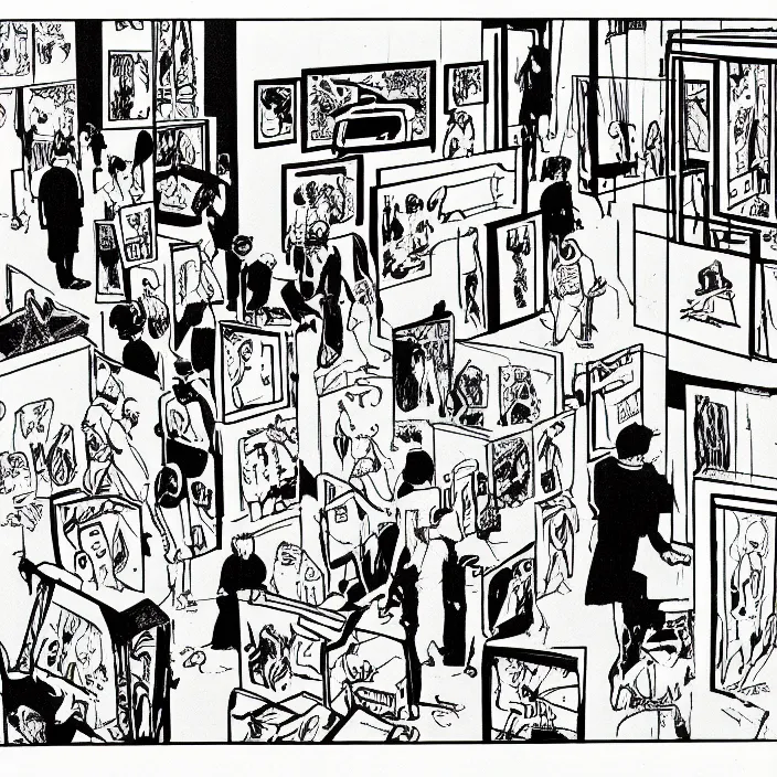 Image similar to a still frame from comic strip a visitors in a contemporary art gallery 1 9 9 0, new yorker illustration, monochrome contrast bw, lineart, manga