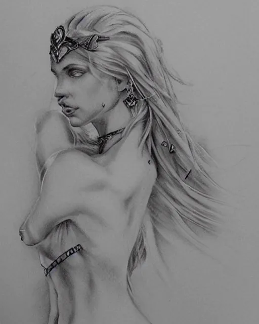 Image similar to tattoo sketch of beautiful greek goddess aphrodite with arrowhead earrings, beautiful piercing eyes, flowing blonde hair, realistic face, hyper realistic, in the style of greg rutkowski, fantasy, amazing detail, epic, intricate, elegant, smooth, sharp focus