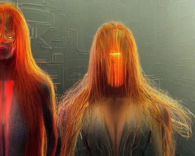 Prompt: glowing hair, singularity, complex cybernetic beings, beautiful hairy humanoids, cybergods, cybermagnetosphere, cybernetic civilizations, ornate hair, love, joy, vortexes, large arrays, data holograms, 8 k, cinematic light shadows, wet hdr refractions