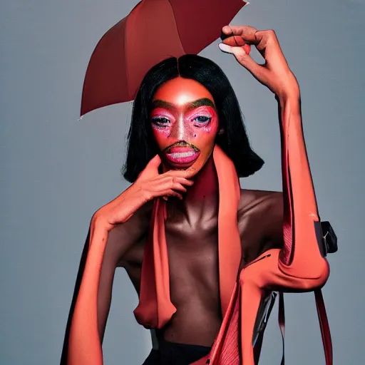 Image similar to realistic photoshooting for a new balenciaga lookbook, vhs colour photography, portrait of model Winnie Harlow woman, in style of Tyler Mitchell, 35mm,