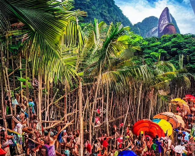 Image similar to corcovado rio de janeiro made of coconuts, colorful epic composition, land full of coconuts, pixar dreamy