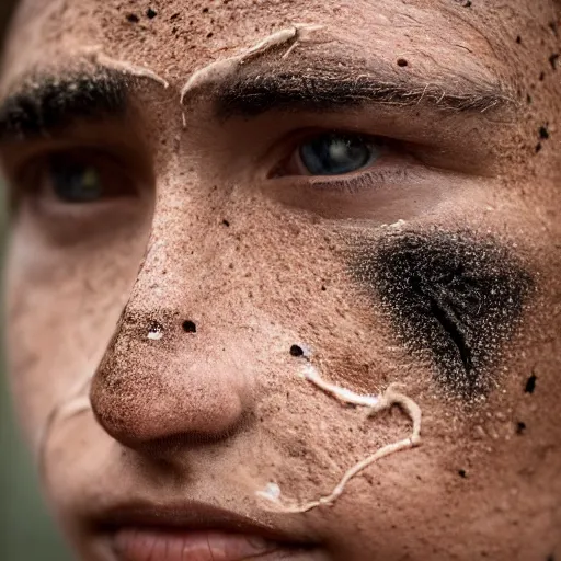 Image similar to minimalist photography portrait of an elaborately adorned neanderthal woman, face mud, symmetrical, super close up, mid thirties, freckles, cute round slanted eyes, sunburnt skin, wide nostrils, high cheekbones, high flat eyebrows, ethereal essence, angelic, leica 1 0 0 mm f 0. 8