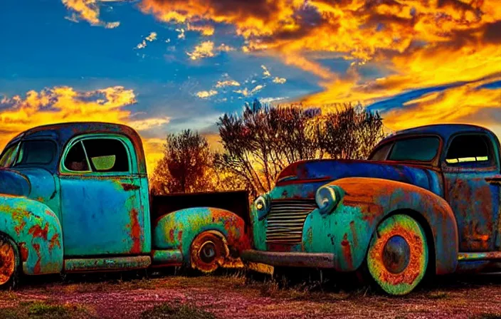 Image similar to A beautiful colorful evening scene of route66, old road with abandoned gas station and rusty old pickup truck, hyper realistic, blinding backlight evening sun, sparkling sun rays, epic scene, intense setting, evening vibe