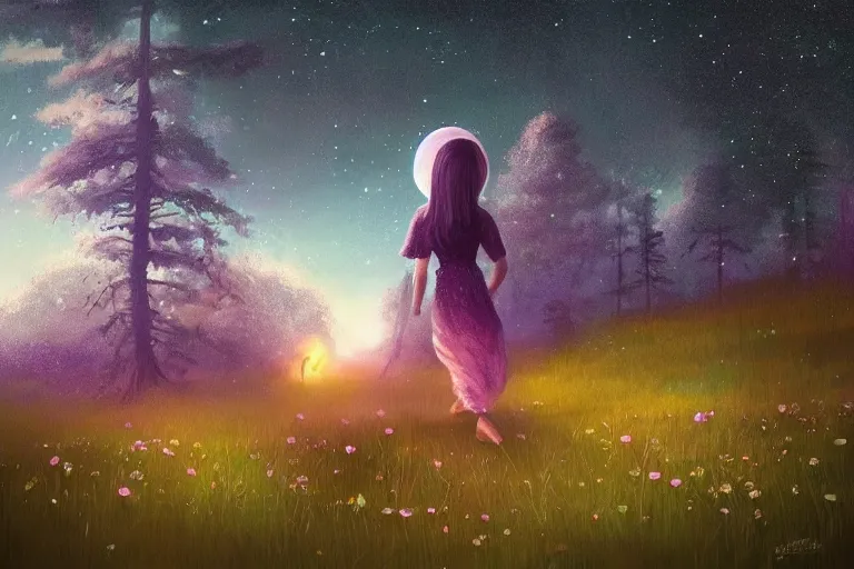 Image similar to giant daisy flower under head, girl walking in forest, surreal photography, dark night, stars, moon light, impressionist painting, clouds, digital painting, artstation, simon stalenhag