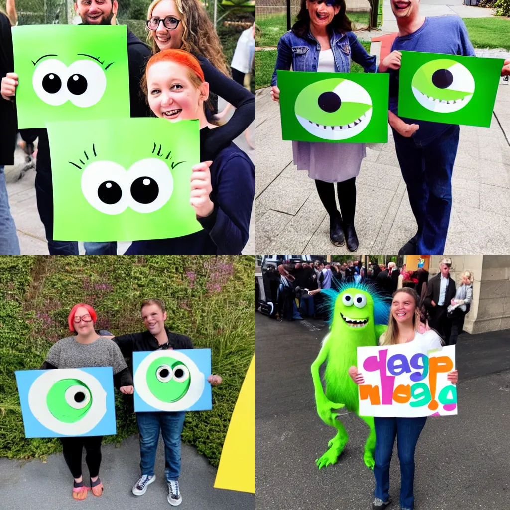 Prompt: Celia and Mike Wazowski from Monsters Inc holding a sign that says Happy Googly Tuesday on it