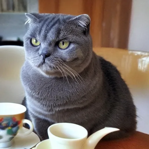 Image similar to a elegant scottish fold cat having a cup of tea