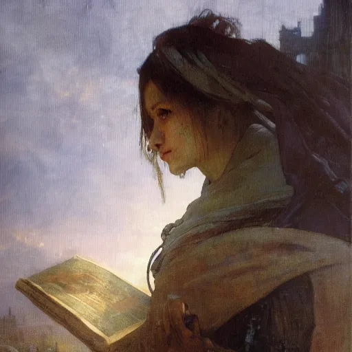 Prompt: half portait of magican wearing a closed cowl with big old book!, jeremy mann, jean leon gerome, tiepolo, alphonse mucha, greg rutkowski, ( ( ruins of ancient rome ) ), at dusk, mysterious atmosphere, sunrays, dof, masterpiece, high detailed, 8 k