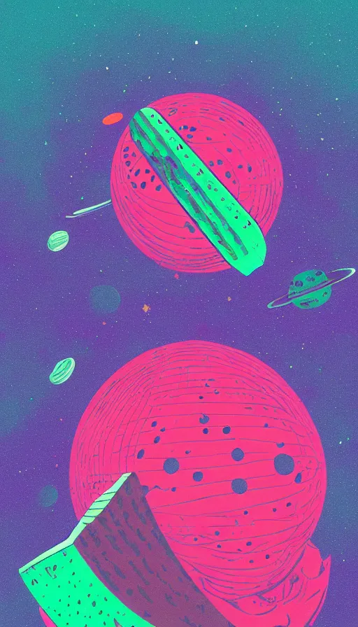 Image similar to space watermelon, sharp focus, james gilleard, moebius, print, risograph, cinematic, game art