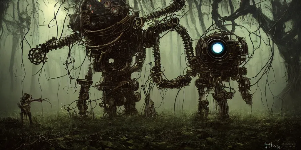 Prompt: mechanical steampunk robot with large head and two ((glowing)) eyes in haunted swamp surrounded by dense forest with vines hanging from trees, scattered fireflies, desaturated, creepy ambiance, fog, sharp focus, hughly detailed, eerily beautiful, cgsociety, artgerm