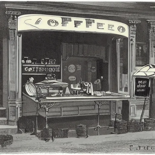 Prompt: A coffee shop, very detailed, 1900 illustration artwork