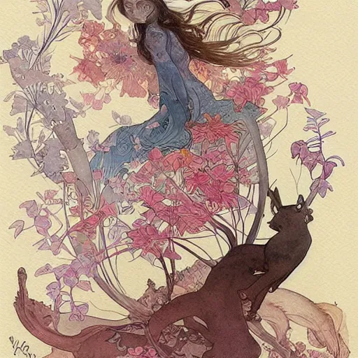 Image similar to a beautiful intricate watercolor illustration of a surreal animals in a serene landscape, 4 k, ultra - wide angle, by william turner, by victo ngai, by alphonse mucha, by miho hirano, by ellen jewett, hd, trending on artstation, hyper detailed, muted colors