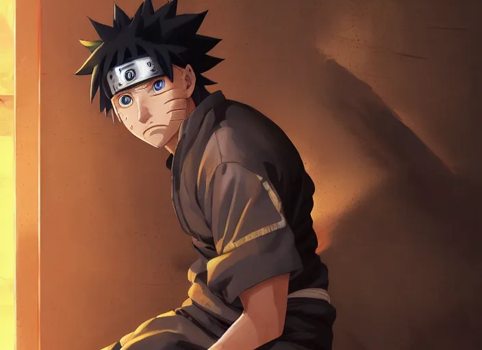Image similar to highly detailed portrait of naruto uzumaki with black hair behind bars in prison punching a wall, unreal engine, fantasy art by greg rutkowski, loish, rhads, ferdinand knab, makoto shinkai and lois van baarle, ilya kuvshinov, rossdraws, tom bagshaw, global illumination, radiant light, detailed and intricate environment
