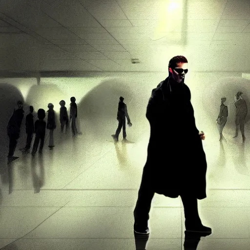 Prompt: a man walking into the matrix, concept art, illustration, highly detailed, artwork, cinematic, hyper realistic