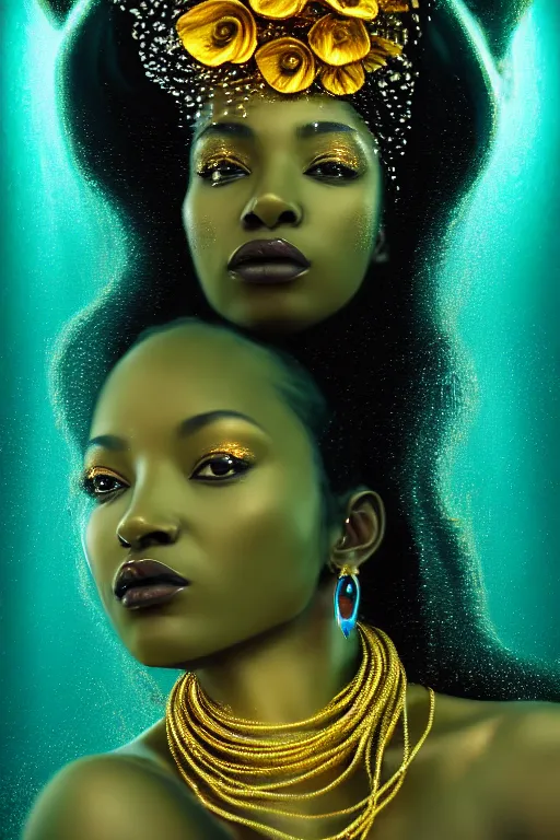 Image similar to hyperrealistic post rococo cinematic very expressive! black oshun goddess, in water up to her shoulders, mirror dripping droplet!, gold flowers, highly detailed face, digital art masterpiece, smooth eric zener cam de leon dramatic pearlescent volumetric teal light, wide shot, high angle uhd 8 k, sharp focus