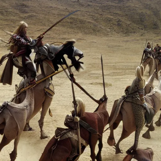 Image similar to the rohirrim riding into battle on camels at minas tirith