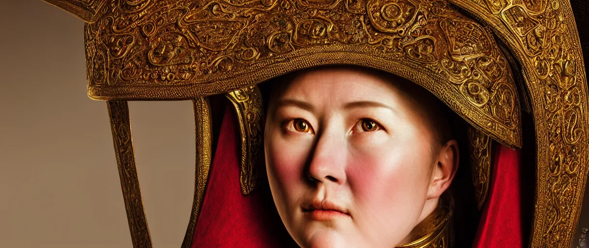 Prompt: hyperrealist highly detailed english medieval portrait of a woman wearing traditional mongolian armor, concept art pascal blanche dramatic studio lighting 8k wide angle shallow depth of field