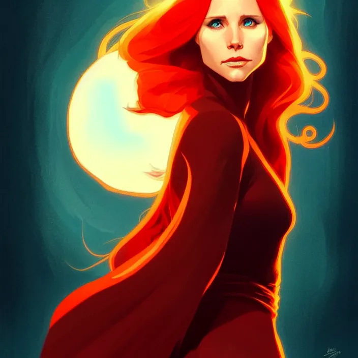 Image similar to style artgerm, joshua middleton, marc simonetti, beautiful kristen bell with dark red dress, very long orange hair, symmetrical face, symmetrical eyes, fire powers fire swirling, detailed, volcano setting, cinematic lighting