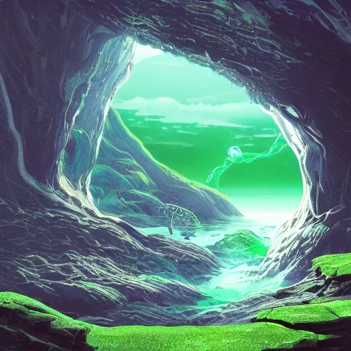 Image similar to a scary glowing green scifi portal to another world in darwin's arch, ocean and rock landscape, science fiction, intricate, elegant, highly detailed, digital painting, artstation, concept art, matte, sharp focus, illustration, art by hayao miyazaki and hideo kojima