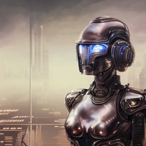 Image similar to ultra realist and ultra intricate detailed soft painting of a beautiful sci-fi armored female by Hajime Sorayama, front facing, sci-fi helmet, symmetry features, sensual gloomy style, volumetric clouds, cyberpunk burning building background, artstation, unreal render, depth of field