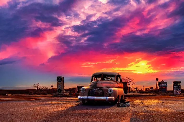 Image similar to a sunset light landscape with historical route 6 6, lots of sparkling details and sun ray ’ s, blinding backlight, smoke, volumetric lighting, colorful, octane, 3 5 mm, abandoned gas station, old rusty pickup - truck, beautiful epic colored reflections, very colorful heavenly, softlight