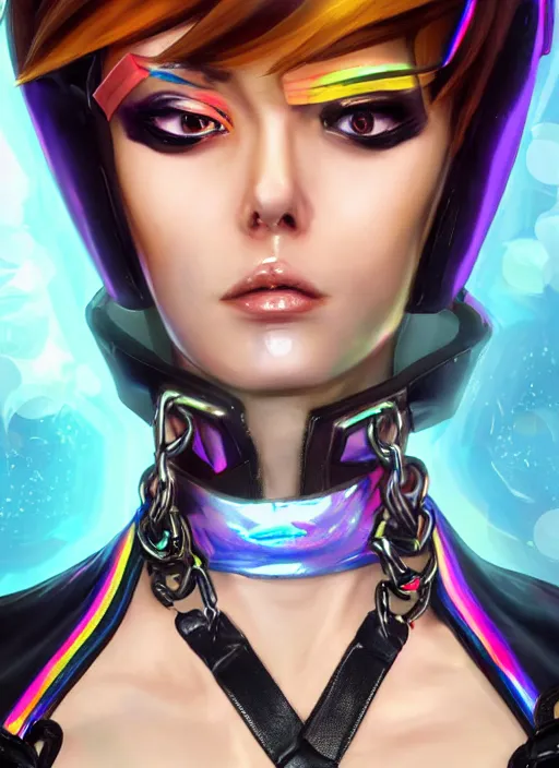 Image similar to portrait bust digital artwork of tracer overwatch, wearing iridescent rainbow latex and leather straps catsuit outfit, makeup, in style of mark arian, angel wings, wearing detailed leather collar, chains, black leather harness, detailed face and eyes,
