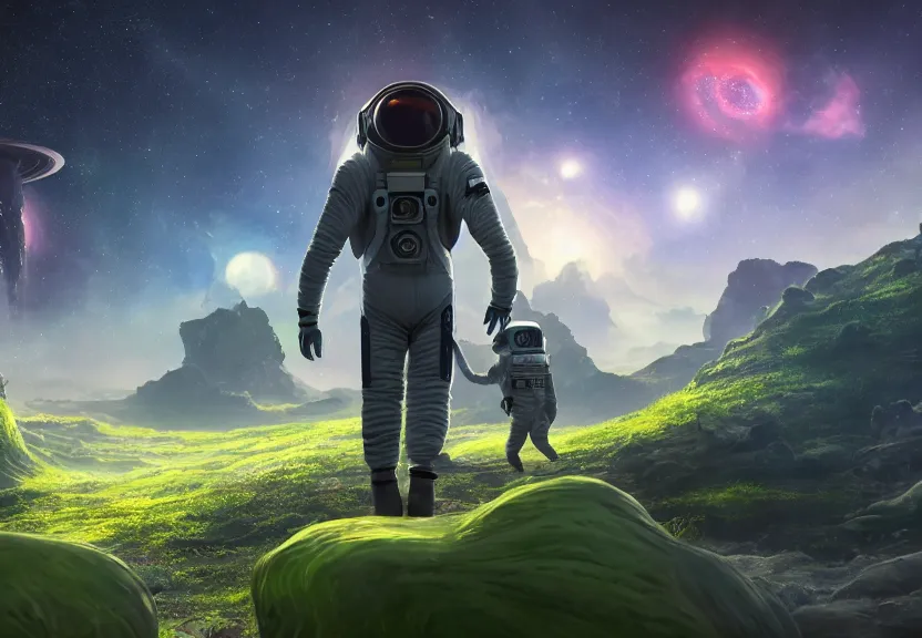 Image similar to a astronaut walking on a alien planet with alien plants and animals and a giant galaxy appearing in the sky, digital art, anime style, 8K HDR, octane render, unreal engine 5, path tracing, breathtaking landscape, cinematic lighting, trending on Artstation, high quality, highly detailed, trending on DeviantArt, concept art