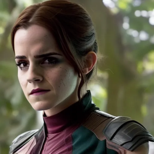 Prompt: Film still of Emma Watson as Gamora, from Guardians of the Galaxy Vol. 2 (2017)