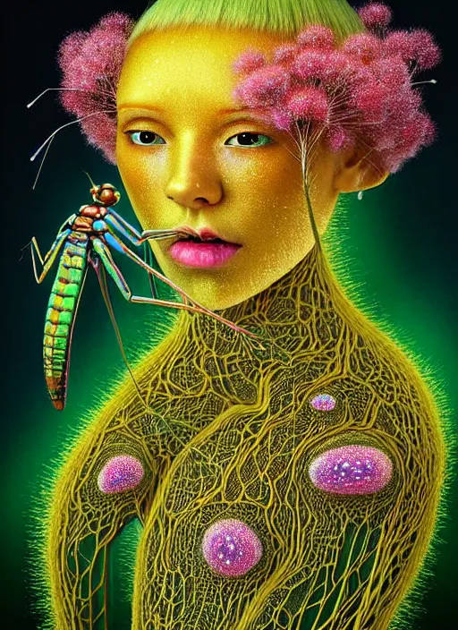 Prompt: hyper detailed 3d render like a Oil painting - kawaii half visceral portrait Aurora (gold haired Singer Praying Mantis Dragonfly) seen Eating of the Strangling network of yellowcake aerochrome and milky Fruit and Her gilded compound eyes delicate Hands hold of gossamer polyp blossoms bring iridescent fungal flowers whose spores black the foolish stars by Jacek Yerka, Mariusz Lewandowski, Houdini algorithmic generative render, Abstract brush strokes, Masterpiece, Edward Hopper and James Gilleard, Zdzislaw Beksinski, Mark Ryden, Wolfgang Lettl, hints of Yayoi Kasuma, octane render, 8k