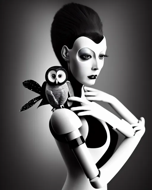 Image similar to surreal mythical dreamy dark artistic black and white fine art 3 / 4 fashion portrait photo of a young beautiful delicate female robot with orchid - owl face, rim light, cinematic, studio dramatic light, poetic, masterpiece, octane render, 8 k, photo - realistic by hg giger and man ray