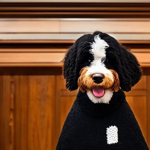 Image similar to a closeup photorealistic photograph of a cute smiling knitted bernedoodle judge dog dressed in a black gown, presiding over the courthouse. indoor image, professional capture, well lit shot. this 4 k hd image is trending on artstation, featured on behance, well - rendered, extra crisp, features intricate detail, epic composition and the style of unreal engine.