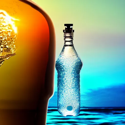 Image similar to water artwork in the shape of a human head stuffed in a bottle, on the ocean water, futuristic, glowing, gradient, hyper realistic, ray tracing, realistic water, sharp focus, long shot, 8 k resolution, cinematic, photoshop water art